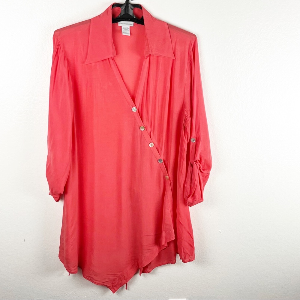 SOFT SURROUNDINGS Pink Coral Diagonal Button A-Symmetrical Tab Sleeves Large